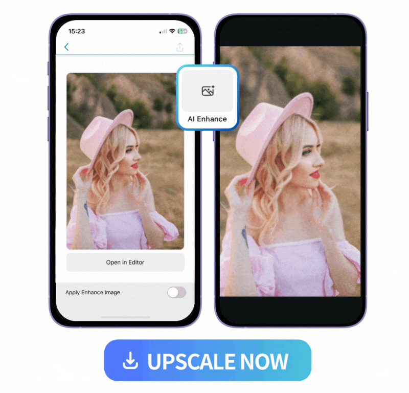 collage UI of Promeo's AI Enhance feature and upsclaed image